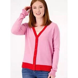Candace Cameron Bure Pink Red Colorblock Ruffle Cuff V-Neck Cardigan Sweater XS